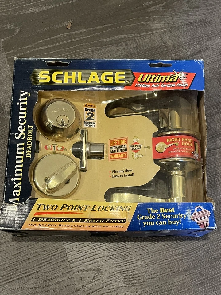 Puerta derecha de latón brillante Schlage Ultima máxima seguridad 1 cerrojo 1 llave de entrada Foto 3 de 4