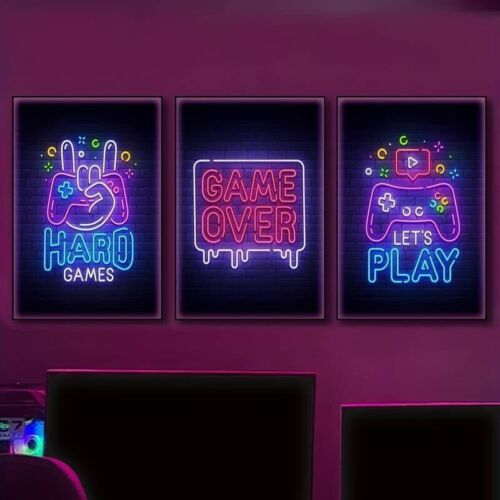 Awesome 3pc Neon Gamer Xbox PlayStation PS5 Canvas Print Art Boys Bedroom Gaming - Picture 1 of 4