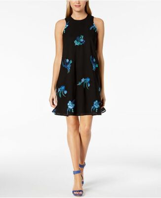 Calvin Klein Black Mesh Blue Floral Embroidered Trapeze Swing Shift Dress  Size 2 | eBay