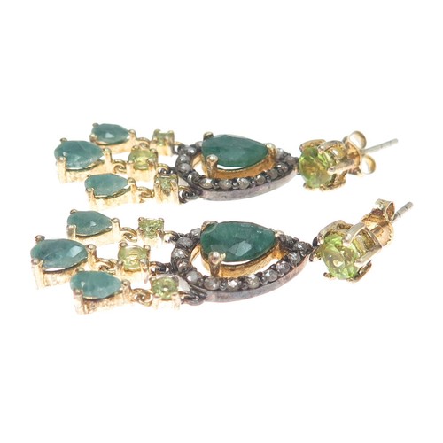 925 Sterling Silver 2-Tone Real Diamond Emerald & Peridot Chandelier Earrings - Picture 5 of 7