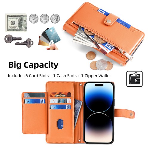 For iPhone 7/8/X/11/12/13/14/15 Zipper Wallet Magnetic Flip Stand Crossbody Case - Picture 46 of 80