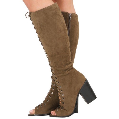 Mujeres Botas hasta la rodilla Damas Encaje Cremallera Punta abierta Tacones en bloque Botas a media pantorrilla Reino Unido - Imagen 10 de 16