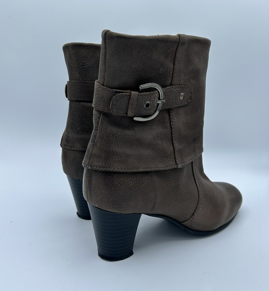 Lotus Boots 6 Brown Leather Ankle Block Heels Zip Up Strap Buckle Fur