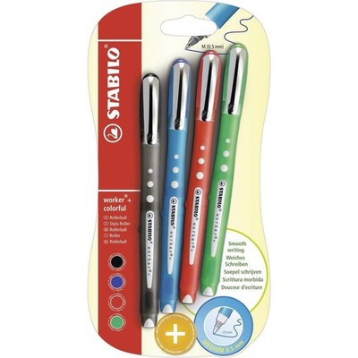 Tintenroller - STABILO worker+ colorful - medium - 4er Pack - grün, rot, blau,