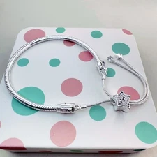 S925 Sliver Snake Chain Moments Bracelet Star Pavé Slider Adjustable