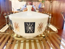 Fire King MCM 1950's "Snowflake" Milk Glass  2 1/2 QT Casserole Dish With Stand