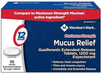 Maximum Strength 56 Tabs 1200mg Guaifenesin Expectorant Members Mark