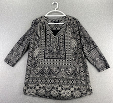 Lucky Brand 1X Black White Paisley Tunic Blouse 3/4 Sleeve V-Neck Woven Top