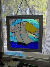 Stained Glass Art Sailboat Scene 12x12 Coastal Decor Hanging Art Nautical Decor