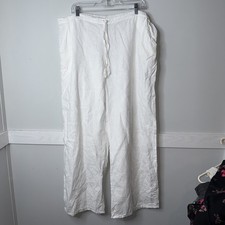 FLAX Pants Womens Large White Wide Leg Linen Elastic Waist Pull On Casual