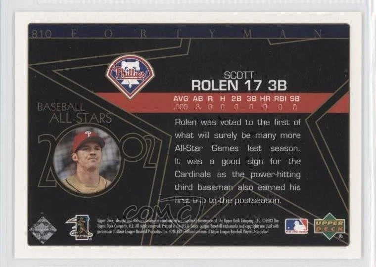2003 Upper Deck 40 Man Baseball All-Stars Scott Rolen #810 HOF - Image 2 of 2