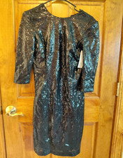 NY&C Women’s Black Sequin Sheath Dress Round Neck 3/4 Sleeve Knee Length 4