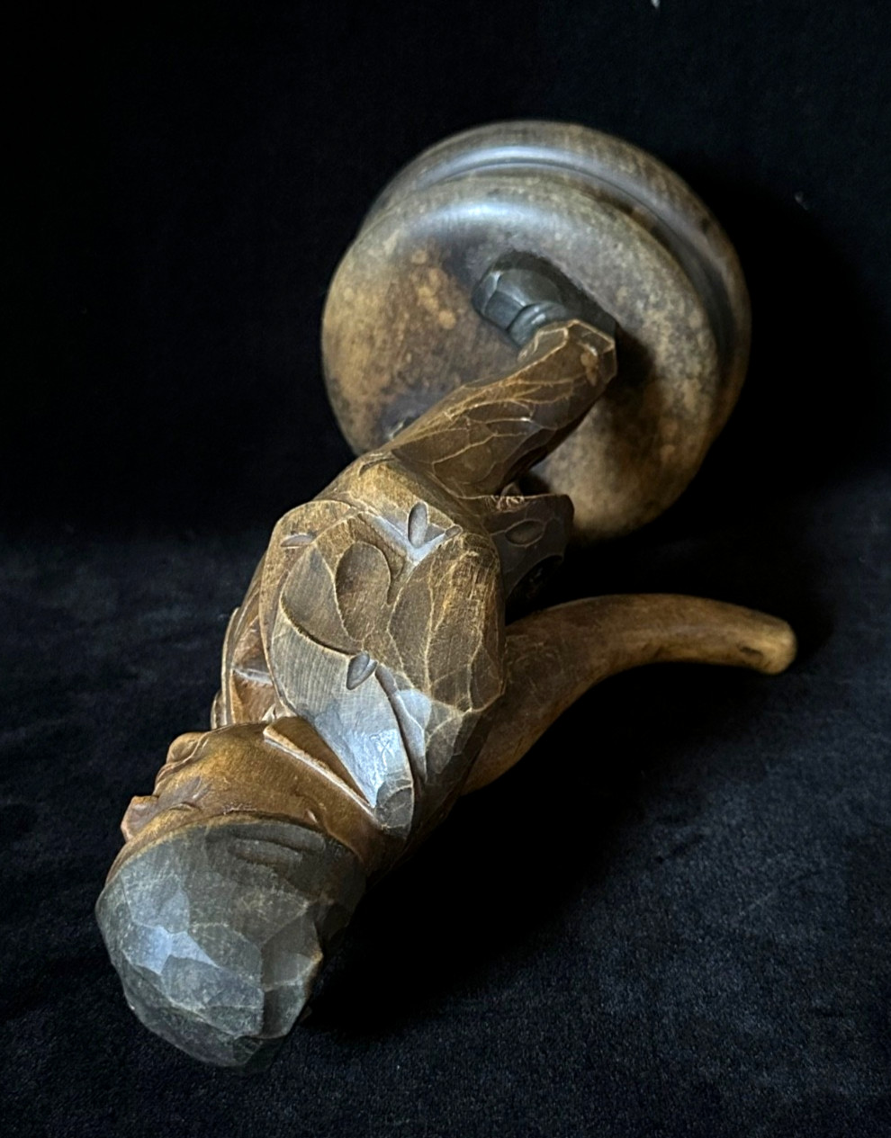 NUTCRACKER MUSIC BOX REVOLVING MAN SWISS Black Forest Wood Carved ANTIQUE c1900