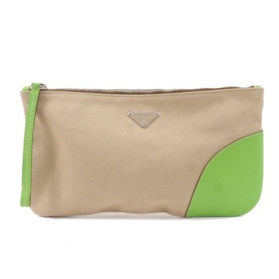 PRADA Clutch Bag Flat Pouch Beige Green Canvas Leather VA0011 Auth Used
