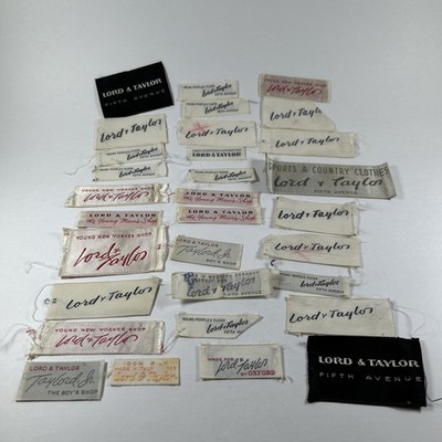 LOT OF 33 VINTAGE CLOTHING LABELS/ TAGS, LORD & TAYLOR DEPARTMENT