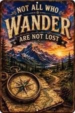 Not All Who Wander Are Lost Metal Sign – Vintage Compass Mountain Wall Decor –