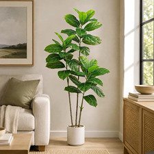 Artificial Ficus leaf Potted Tree w/ White Planter Pebbles, 5 ft