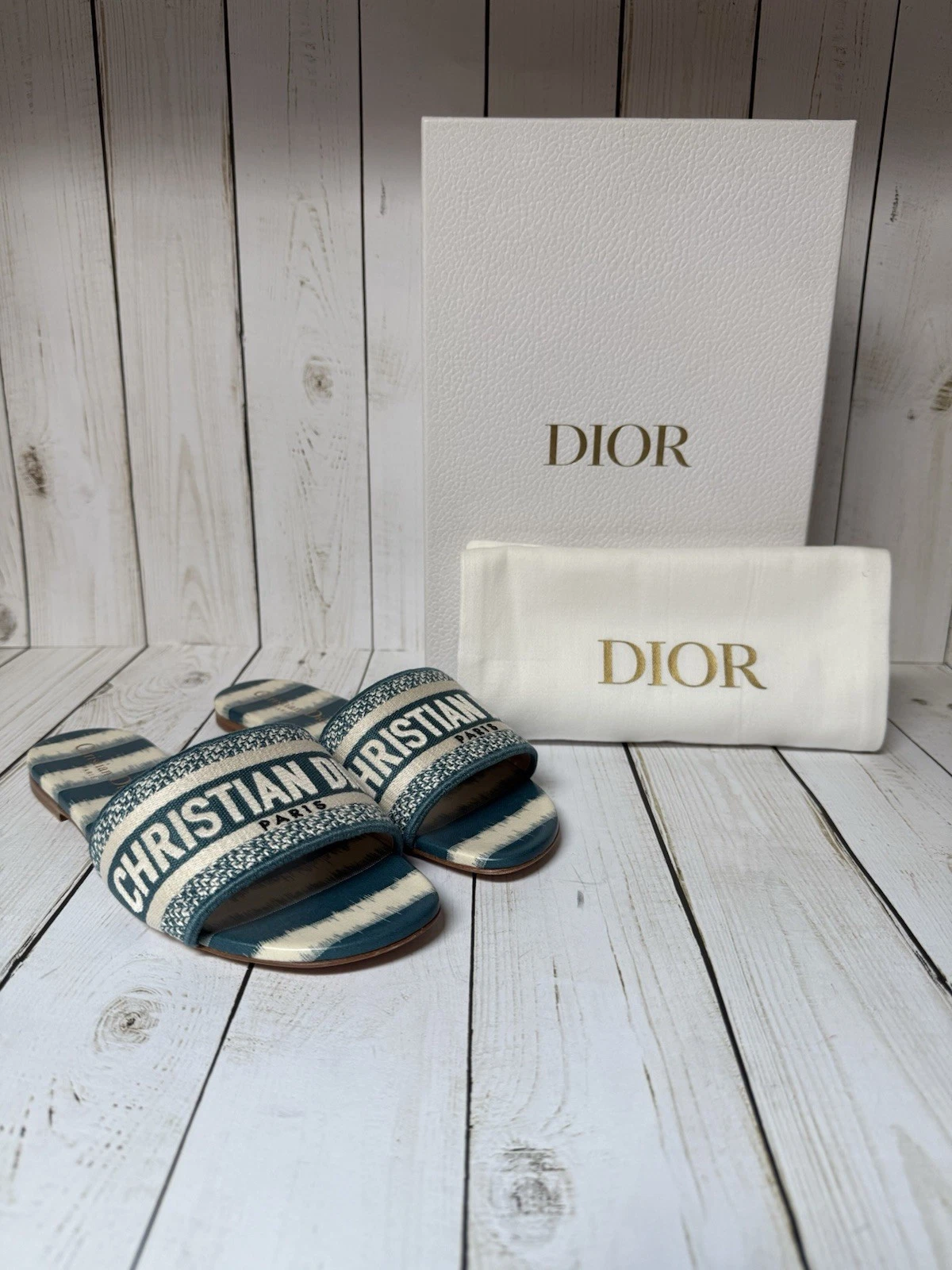 Sandales Christian Dior rayures D brodées Dway Slide Deep Ocean taille 37/7