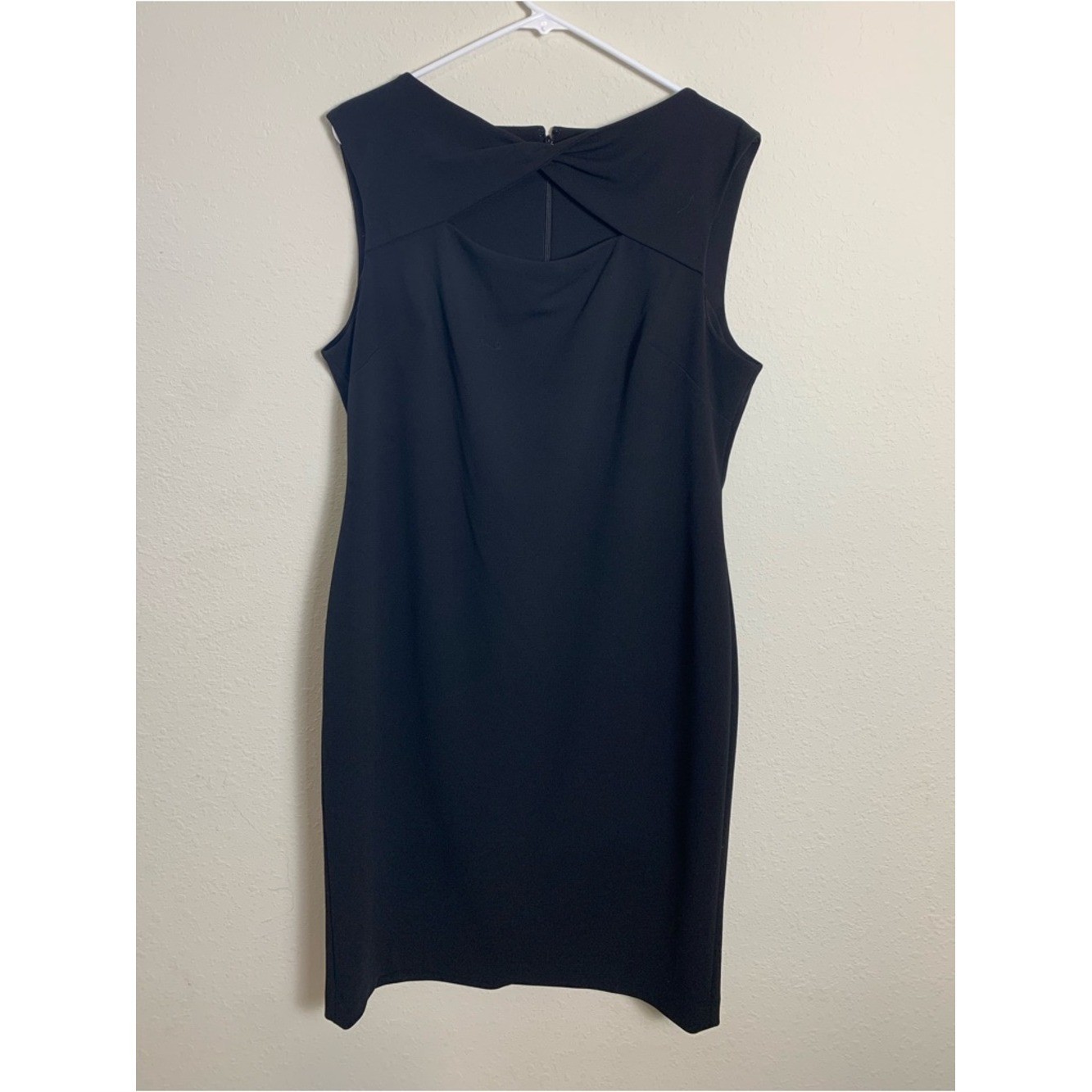 Calvin Klein Sleeveless Black Midi Sheath Dress with Twist Yoke Size 16