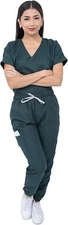 Kolorum Women Scrub Set Dark Green Large V-Neck Top String Pants Pockets NEW