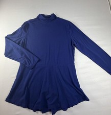 Women Blue Mock Neck Long Sleeve Cotton Knit Fit & Flare Short Dress