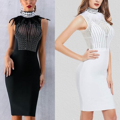 Glamorous Rhinestone High Collar Feather Beaded Bandage Dress Sculpted  Sheath | eBay