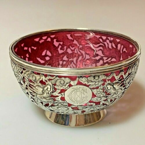 ANTIQUE CHINESE EXPORT SOLID SILVER DRAGON BOWL CHINA 1900 WOSHING SHANGHAI - Picture 1 of 11