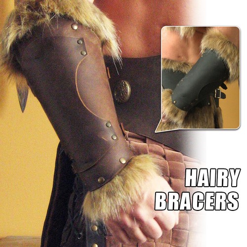 Medieval Retro Leater Bracers Faux Fur Edge Arm Armour Sleeve Wrist Guard - Afbeelding 7 van 9