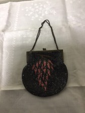 ANTIQUE VTG BLACK GLASS BEAD RED CHILI PEPPERS EMBROIDERED DESIGN PURSE BAG