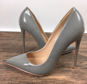 grey patent pumps