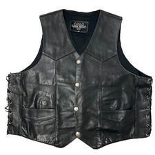 Vtg Black STEERHIDE Leather Laced BUFFALO Nickle Snaps Motorcycle Biker Vest 54