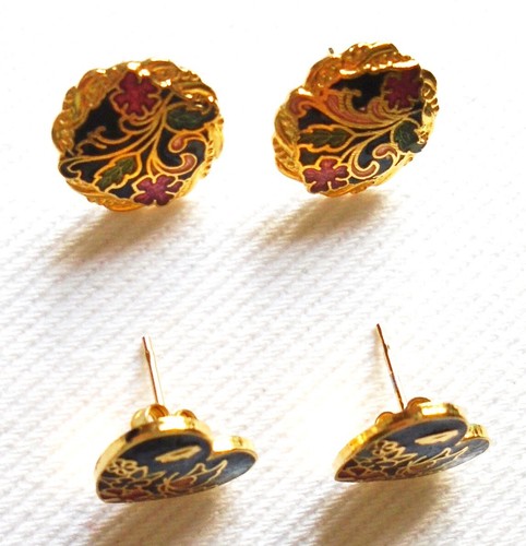 Cloisonne Enamel Stud Pierced Earrings 2 pairs gold black studs x 2 1970s vgc - Picture 2 of 2