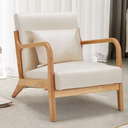 Mid Century Arm Accent Chair Retro Modern Wooden Lounge Sofa PU Leather - BEIGE