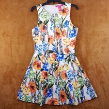 CATHERINE MALANDRINO Dress Womens Size 4 White Floral Fit Flare Keyhole Stretch