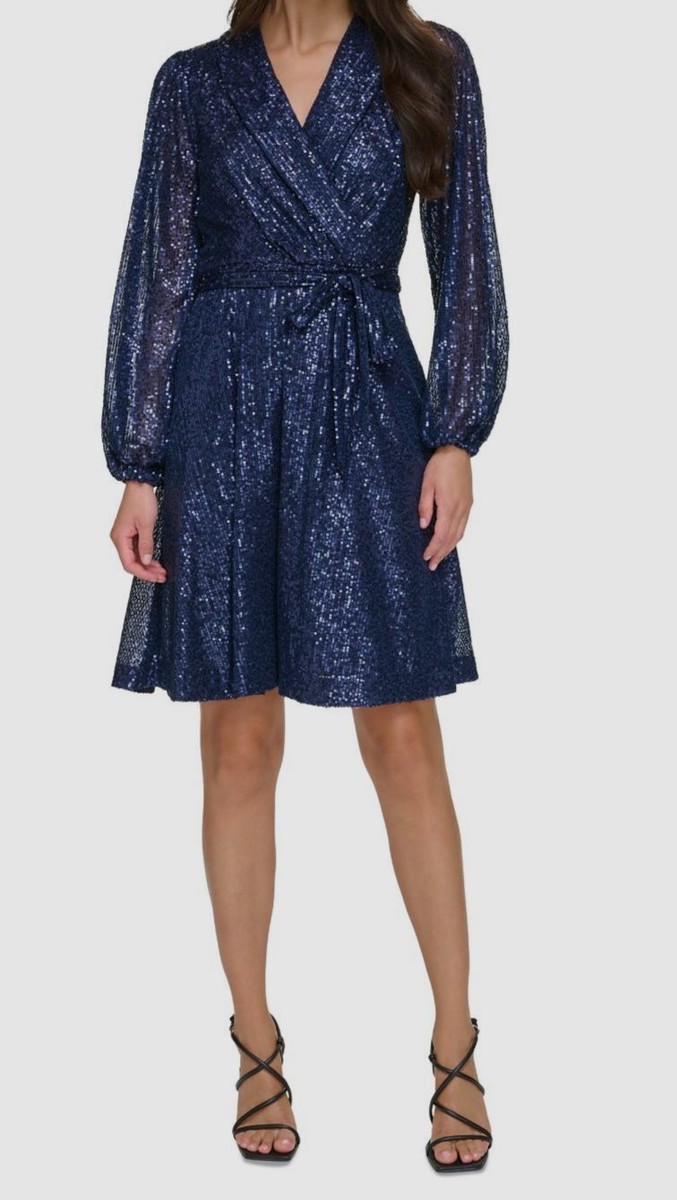 Dkny Women's Blue Sequin Balloon-Sleeve Wrap Dress Size 8