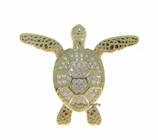YELLOW GOLD SOLID 925 SILVER HAWAIIAN SWIMMING SEA TURTLE SLIDE PENDANT CZ