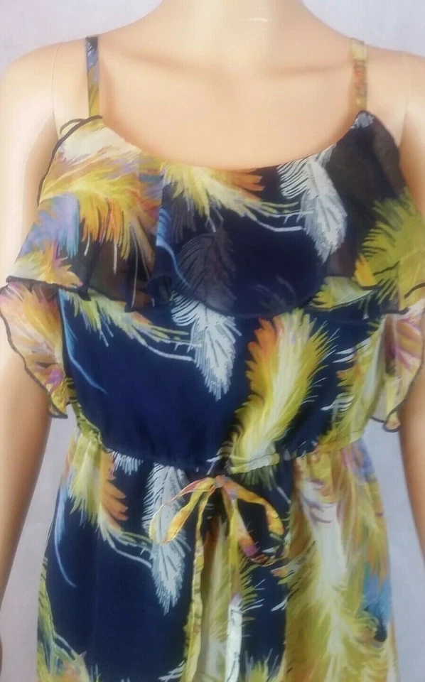 Vestido solero Johnny Martin para mujer (M) azul y amarillo con volantes y correa de espagueti Foto 2 de 4