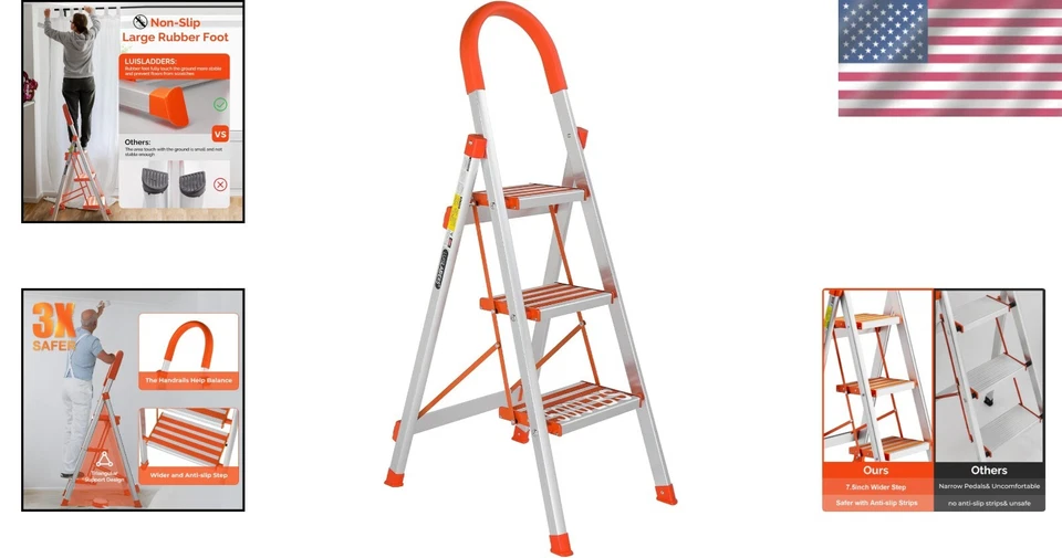 Elegant Aluminum Step Ladder - 3-Step Design with Safety Handrail & 350lbs Limit - Image 2 of 4