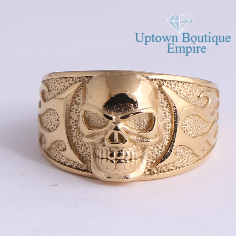 Anillo De Acero Inoxidable Chapado En Oro Negro Para Motociclistas - Talla 7-15, Estilo Banda