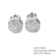 Men's Silver Plated Iced CZ Octagon Screw Back Stud Earrings Hip Hop SE 11622 S