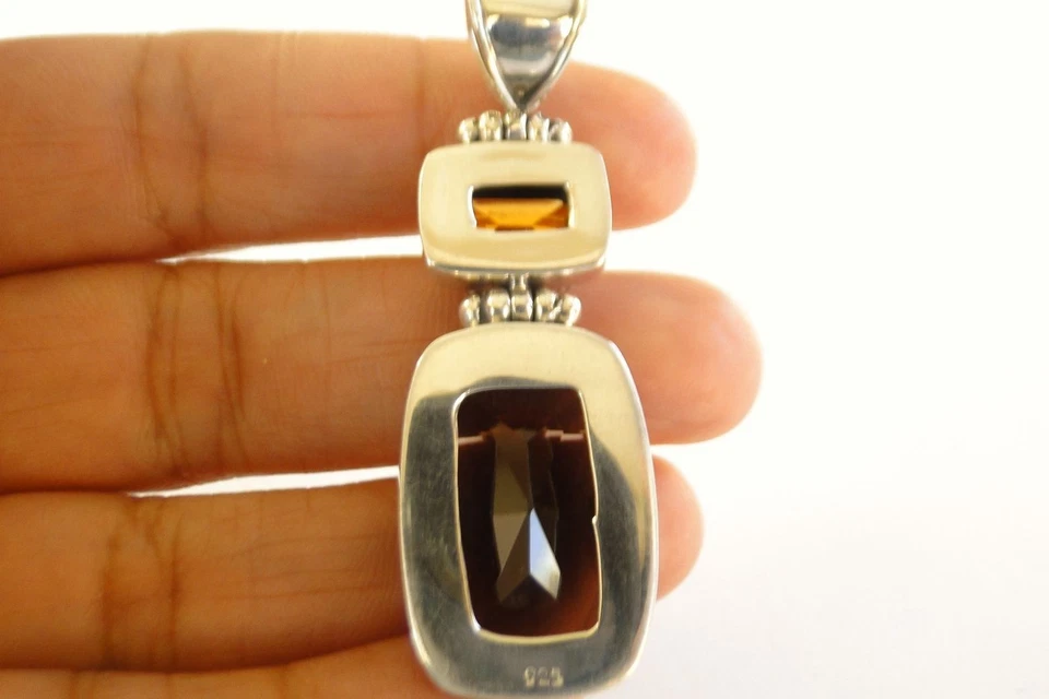 Colgante de plata de ley 925 de 2 piedras citrino amarillo cuarzo ahumado marrón Foto 4 de 4