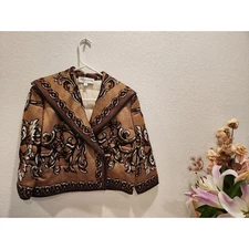 St. John Collection quilted Tapestry Cropped Jacket sz USA leather trim knit