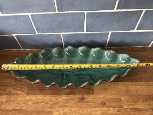 Vintage MCM Long Turquoise Wave Shaped Drip Ceramic Dish Made Canada 40cm Wide - Picture 5 of 10