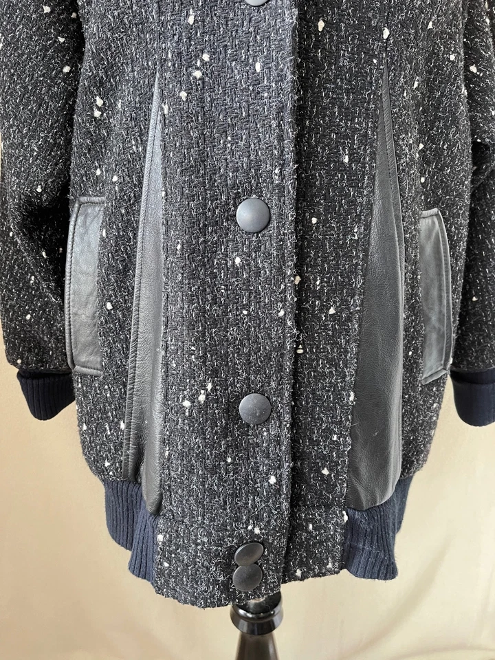 Vintage 80's Maggie Lawrence Leather Trimmed Wool Blend Flecked Tweed Coat - Image 4 of 4