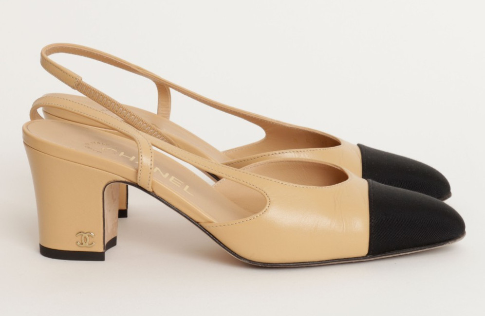 CHANEL LEATHER + GROSGRAIN PUMP SLINGBACK HEEL SHOES BEIGE AND BLACK 36.5 W/ BOX