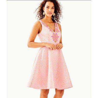 Lilly Pulitzer Elanie Fit Flare Dress Pink Tropics Lagoon Jacquard Womens Size 0