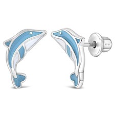 925 Sterling Silver Blue Enamel Leaping Dolphins Screw Back Earrings for Girls
