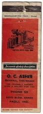 Paoli Indiana Matchbook - Asher Insurance - Old Phone