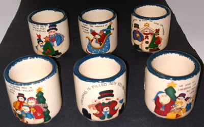 Set of 6  Happy Holidays Candle Crocks Collection Snowman Votives Christmas READ