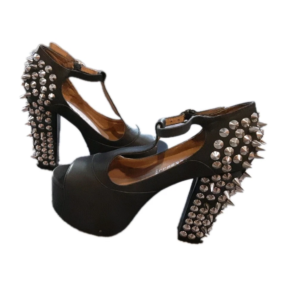 JEFFREY CAMPBELL Foxy Spike Negro Plataforma Tirantes Tacones Tachonados Talla 6.5 (37) Foto 4 de 4